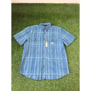 Carhartt Plaid Button Down Shirt Mens Medium Loose Fit Blue Short Sleeve NWT